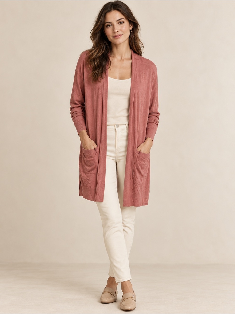 Halogen Dusty Rose Open-Front Long Cashmere Blend Cardigan Size Small